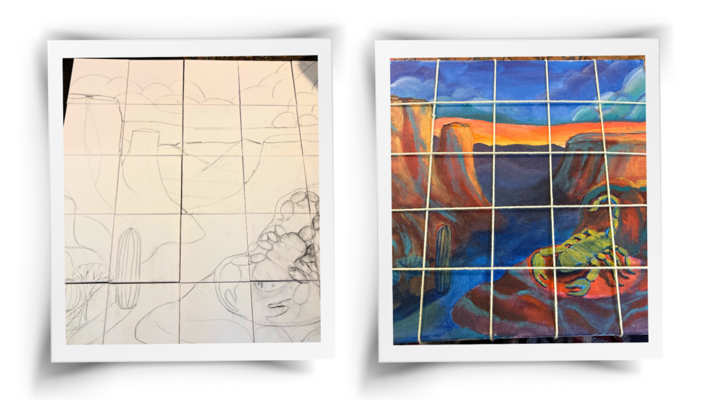 Ari got to work designing two large paintings - each 5x5 feet — made up of individual one-by-one-foot squares.