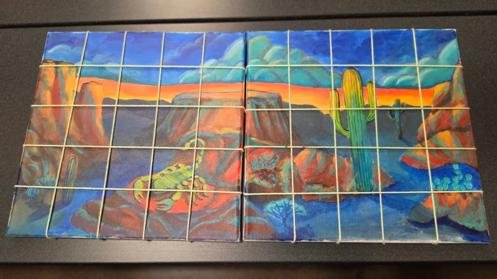 Ari got to work designing two large paintings - each five feet by five feet — made up of individual one-foot-by-one-foot squares.